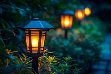 Garden path lit by eco lanterns at dusk. Built in solar panels power lights, show eco friendly technology. Concept of sustainable eco energy, efficient home design, with copy space