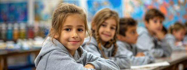 Fototapeta premium A group of children are sitting in a classroom, with one girl smiling and the others looking at the camera. Scene is happy and friendly, as the children are all smiling and looking at the camera