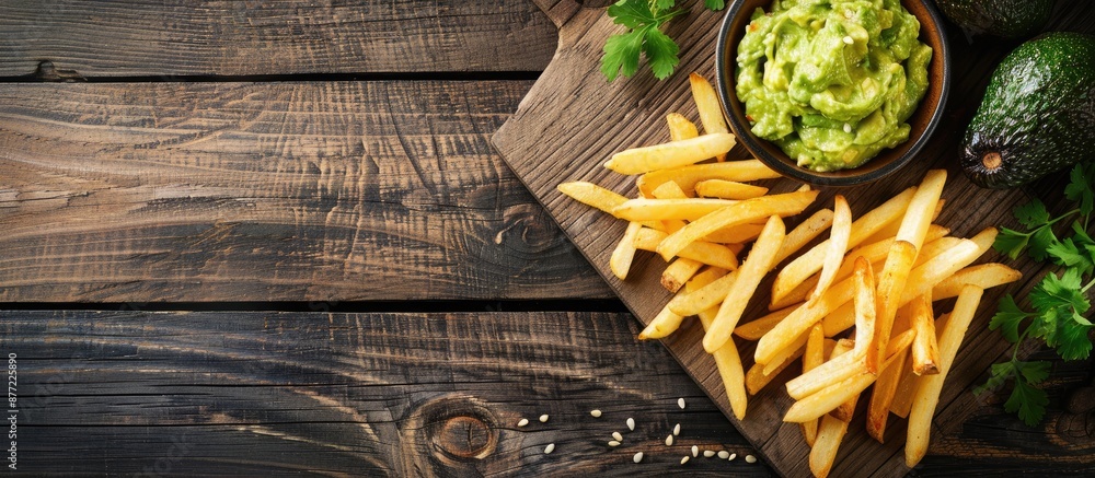 Aufkleber white wooden table set up with a serving board holding french fries guacamole dip and avocado provid