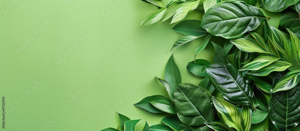 Leinwandbilder Top view of exotic Zamioculcas zamiifolia leaves on a green background creating a creative layout with copy space image