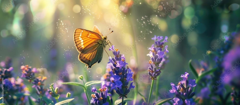 Poster Teleus Skipper Urbanus teleus a butterfly native to the American continent sipping nectar from lavender flowers in a tropical forest and scrub setting with a copy space image