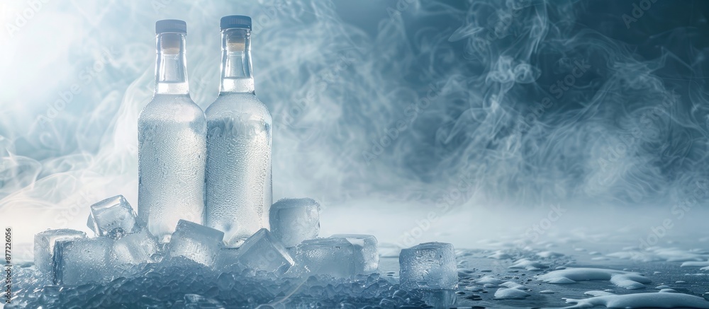 Aufkleber Chilled vodka bottles subtly visible through misted glass alongside ice cubes with a copy space image