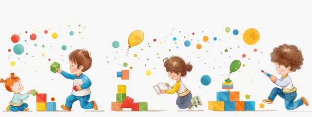 Fototapeta premium A group of children playing with blocks and a balloon. The children are of different ages and are engaged in various activities, such as building with blocks and playing with a balloon