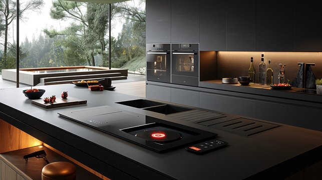 High-tech kitchen with a minimalist aesthetic, showcasing sleek smart appliances, a touch-controlled induction stove, and concealed storage solutions.