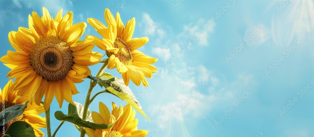 Poster vertical banner featuring vibrant yellow sunflowers set against a blue sky backdrop designed with a 