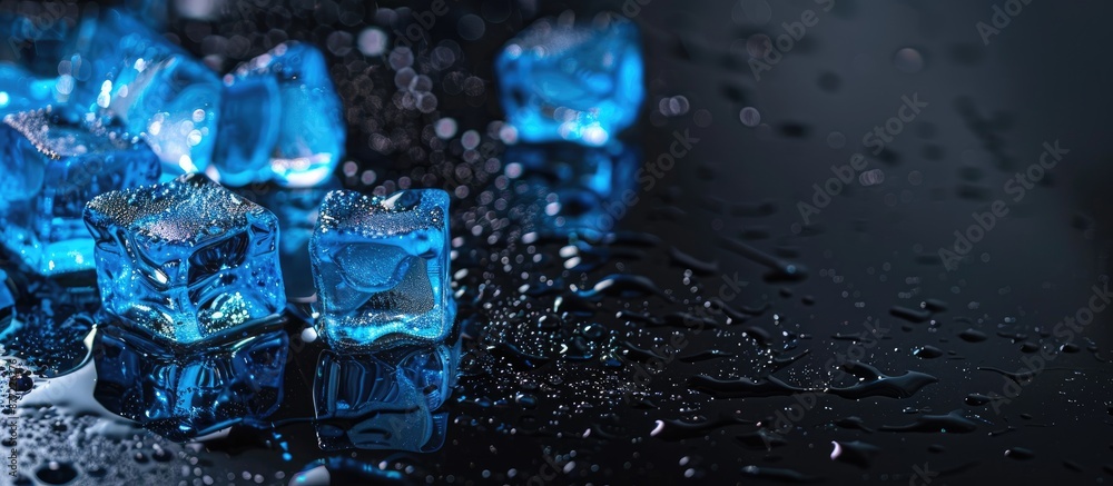 Poster the striking blue ice cubes create a mirror like reflection on a sleek black table offering an eye c
