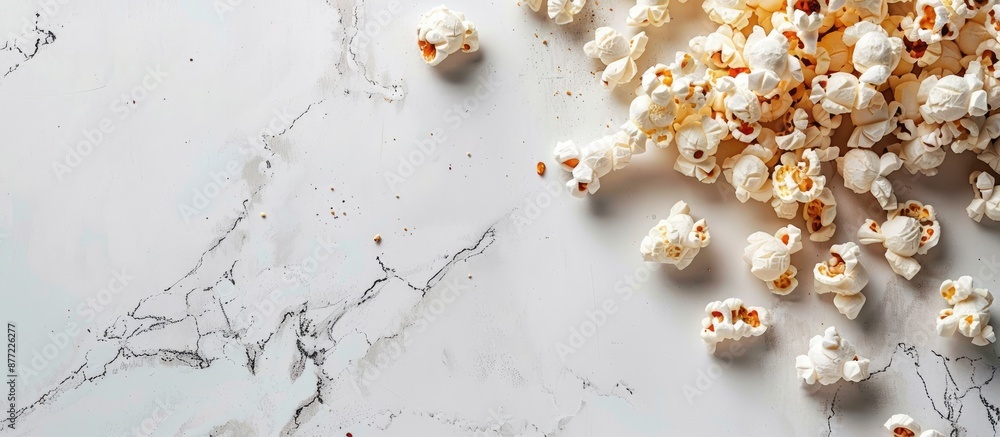 Aufkleber Top view of appetizing popcorn on a white surface with copy space image