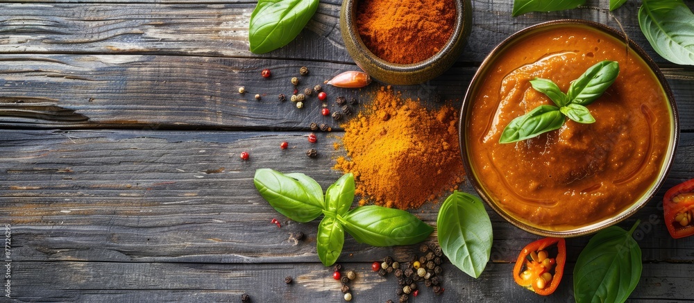 Leinwandbilder flat lay of delectable curry sauce powder and basil leaves on a rustic grey wooden table with room f