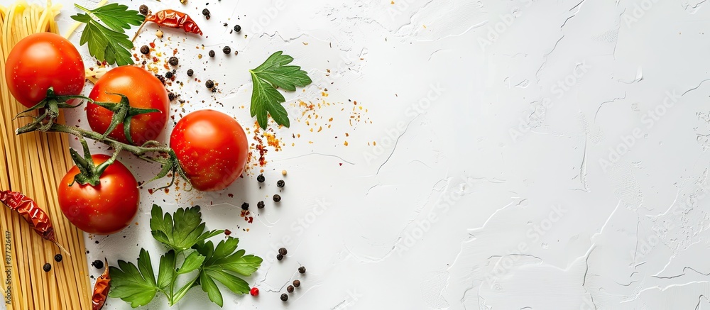 Aufkleber top view of dry spaghetti tomatoes parsley and black pepper on a white background with copy space im
