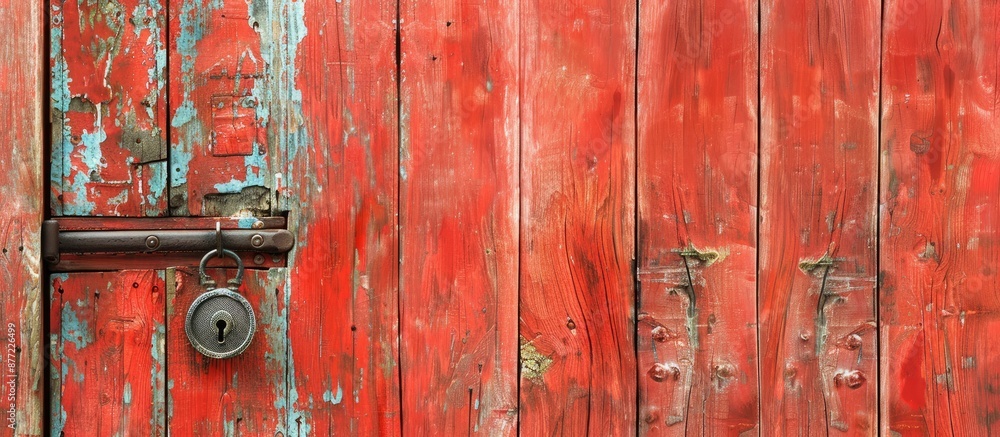 Poster red wooden door with metal lock and handle set against a textured background of abstract wood planks