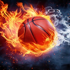 Fototapeta premium Dynamic basketball engulfed in flames, blending both fiery and smoky elements to create an intense and energetic sports image.