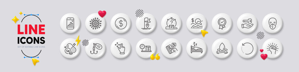 Fototapeta premium Tested stamp, Sleep and Online test line icons. White buttons 3d icons. Pack of Empower, Medical mask, Quiz icon. Buying house, Flag, Credit card pictogram. Vector