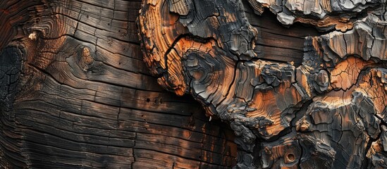 Close up of an aged tree trunk on a wooden backdrop with a designated area for adding images or text known as a copy space image