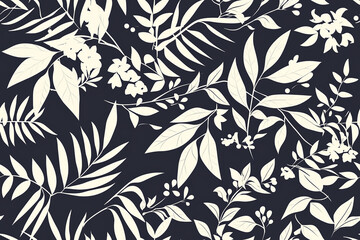 Fototapeta premium A bold seamless pattern featuring high-contrast leaves and floral elements in cream and navy, creating a striking and elegant design.
