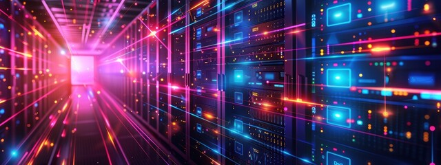 Obraz premium A computer server room with a neon blue and pink light. The room is filled with servers and the lights are glowing brightly