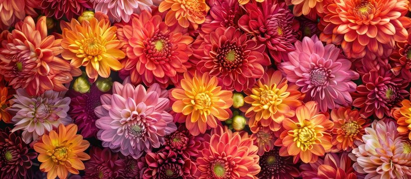 Colorful background with an abundance of chrysanthemum flowers and seeds providing an ideal copy space image