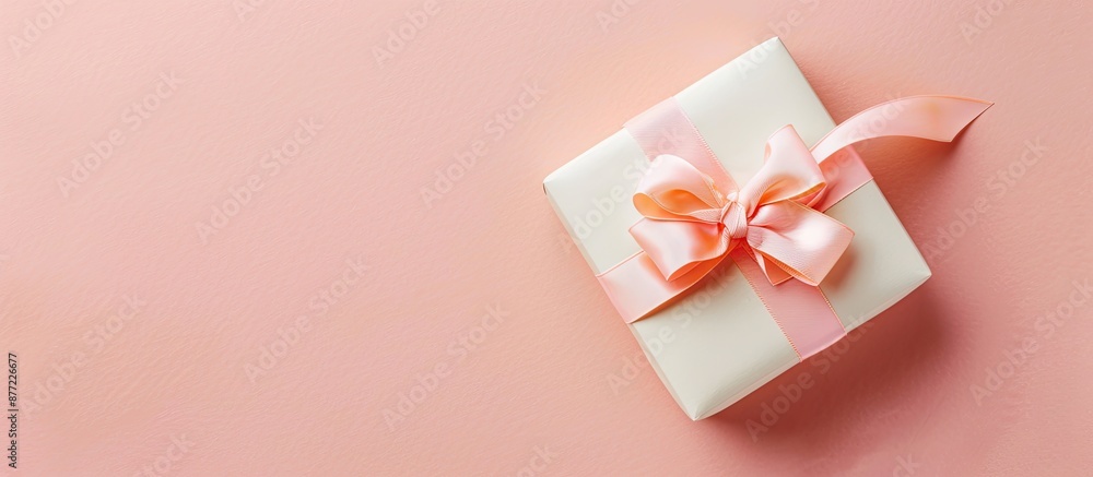 Poster valentine s day theme with a romantic touch flat lay with a peach colored and white gift box on a pi