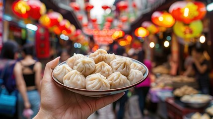 Fototapeta premium A hand holds a plate of savory dumplings in a busy Beijing street food market, surrounded by bustling vendors and vibrant lanterns.