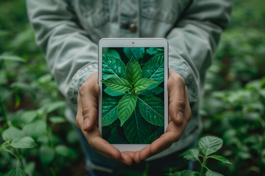 Man hold white tablet show green plants, surrounded by lush greenery in garden setting. Green energy concept, eco friendly gadgets, alternative energy technologies