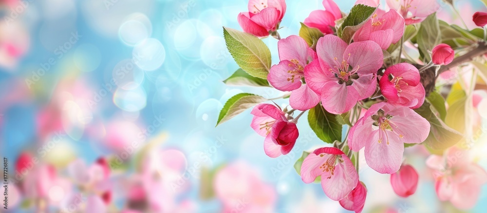 Poster Blooming apple tree flowers with foliage against a blue sky background and a joyful Easter message in a copy space image