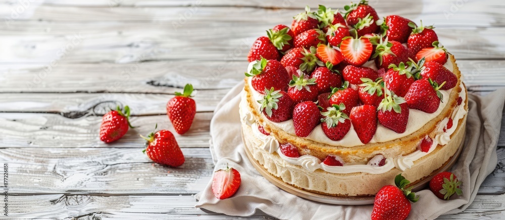 Poster a summer dessert featuring a strawberry vanilla sponge cake or pie displayed on a white wooden surfa