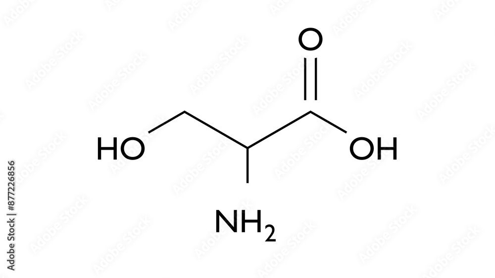 Poster serine molecule, structural chemical formula, ball-and-stick model, isolated image amino acid