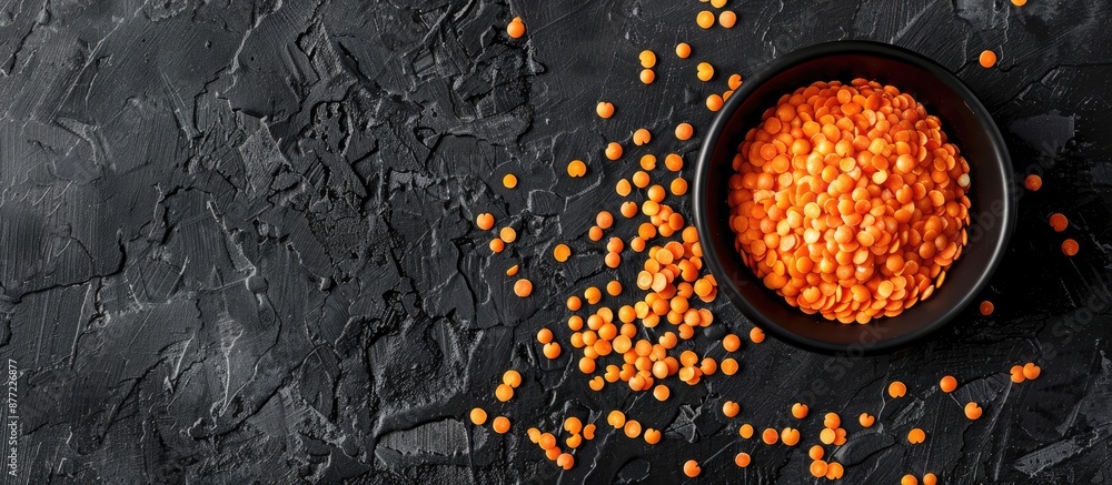 Poster top view of uncooked red lentils against a black backdrop with ample copy space image