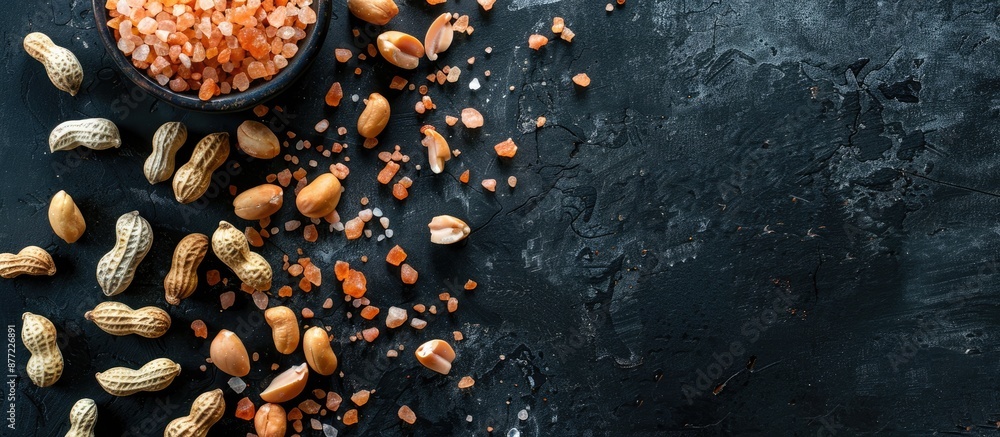 Poster dark gray backdrop with himalayan coarse salt complementing peanuts on the image leaving a large are