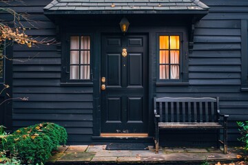 Black House. Front Door Entrance of Upscale Home with Illuminated Porch Bench