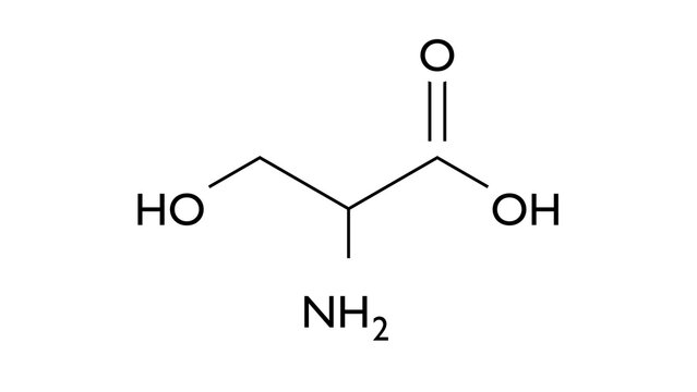 serine molecule, structural chemical formula, ball-and-stick model, isolated image amino acid
