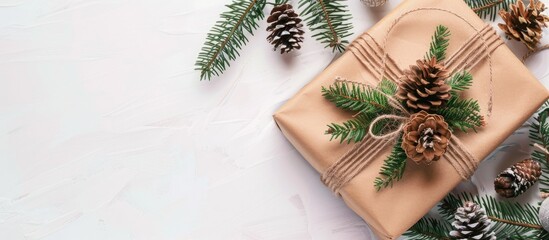 Top view of a New Year gift in craft paper with decorations and pine sprig cones spruce and fir oil on a white background with empty space for text or graphics. with copy space image