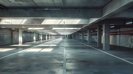 An empty underground parking lot with gray concrete walls and floor, empty in the center, with no cars or people present.