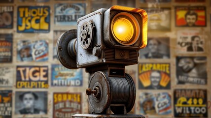 Vintage film camera with a glowing lens against a wall of retro movie posters, capturing the essence of classic cinema.