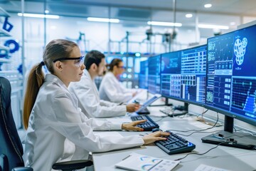 A group of scientists are working on a computer monitor. The woman in the center is typing on a keyboard