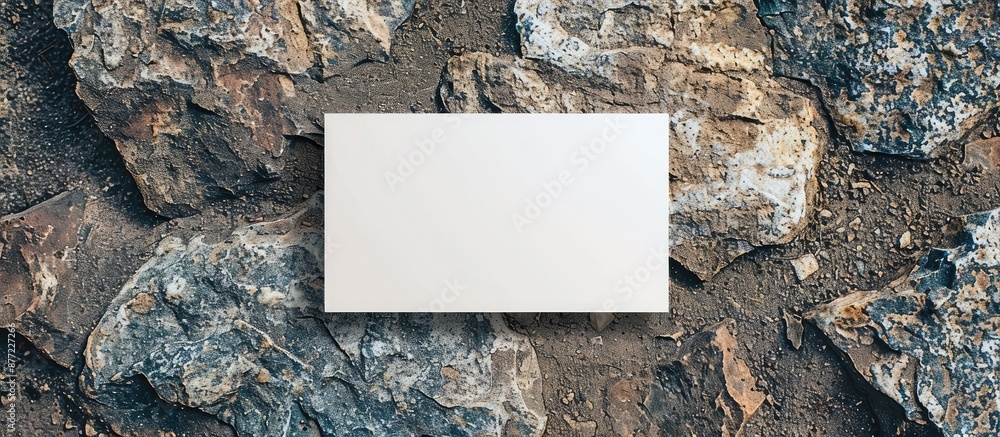 Poster Mockup of a blank white business card placed on a stone background with copy space image for branding design