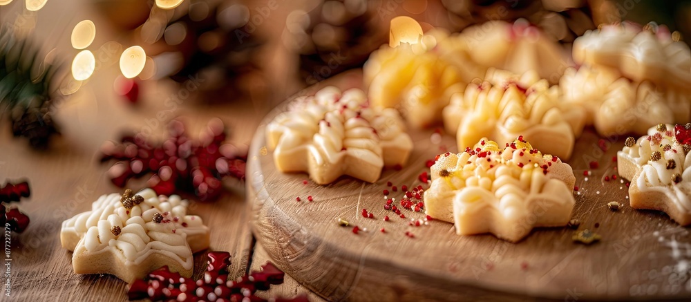 Poster Festive season spritz cookies displayed on a decorated chopping board with various angles featuring selective focus and some empty space for images. with copy space image