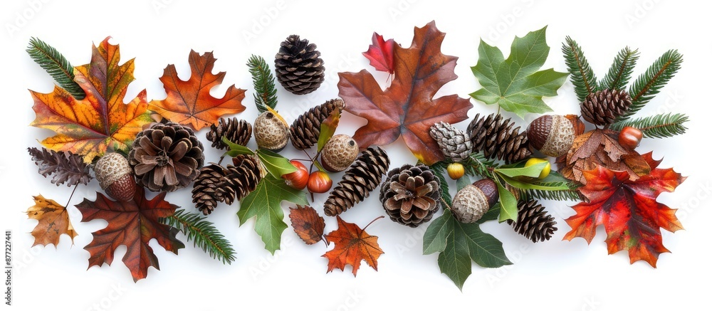 Aufkleber Autumn themed arrangement with leaves acorns and pine cones on a white background perfect for showcasing with a top down view and copy space image