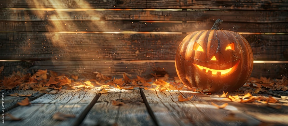 Poster close up of a halloween pumpkin decoration illuminated by a spotlight with a rim light effect agains