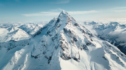 Majestic Winter Wonderland - Aerial View of a Snow-Capped Mountain Peak and Surrounding Ranges, Generative Ai