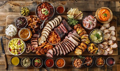Fototapeta premium vibrant mouthwatering platter of american barbeque dishes including meat, vegetables, beans, salsas, barbecue sauce in rustic wooden setting, top view with warm lighting and detailed textures