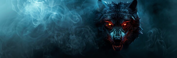 Obraz premium An evil, angry and stern looking looking black wolf with glowing red eyes. header banner template. sharp teeth. sharp fangs, black background, smokey ambience with copy space for text, smoky ambience