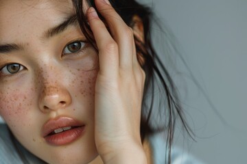 Obraz premium Portrait, Asian woman with skincare products, clean and natural on grey studio background. Woman, girl, and cosmetics for organic facial, detox, or wellness for clear, soft skin