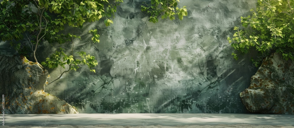 Poster the wall texture resembles a scenic view with a forest and a beach in a copy space image