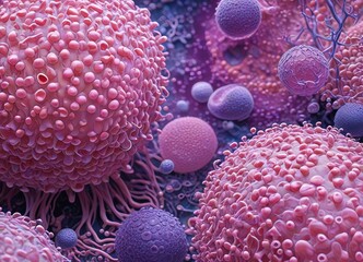A close-up image of biological cells in pink and purple colors