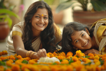 Smiling Indian mother and daughter making colourful arrangement with flowers while celebrating Onam festival