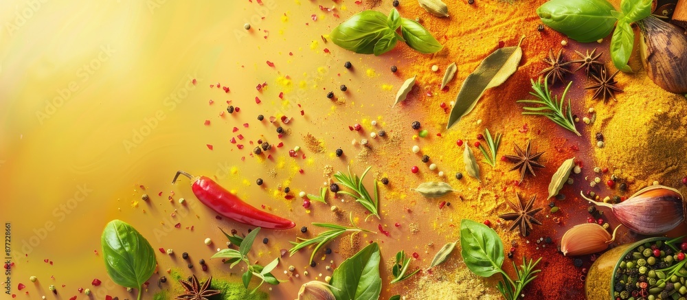 Poster fresh spices and herbs arranged artistically on a colorful background with copy space image