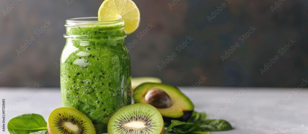 Poster detox green smoothie in a glass jar made with spinach kiwi lime and avocado on a light stone backdro