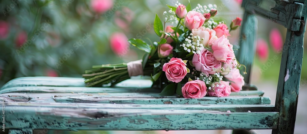 Poster a pink flower bouquet placed on a garden chair with a background perfect for adding text or an image