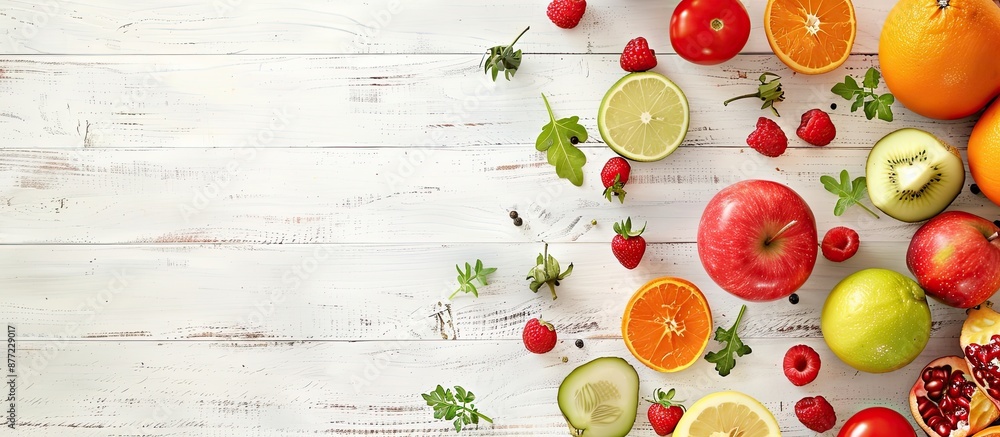 Poster freshly cut fruits and vegetables displayed on a white wooden table with ample copy space image