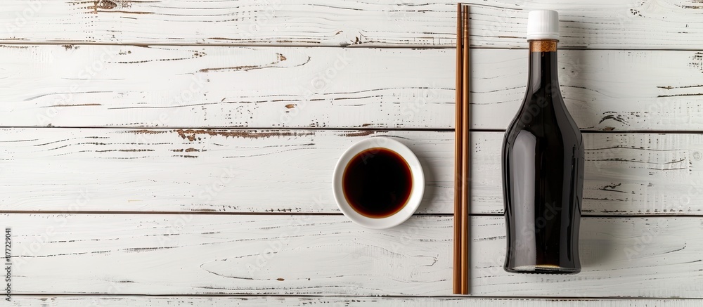 Poster chopsticks resting on a white wooden table beside a bottle of soy sauce creating a serene setting fo
